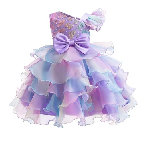 Miipat Mädchen Kleid One Shoulder Pailletten Prinzessin Ärmellos Hochzeit Kleid Tutu Rüschen Kinder Kleider Party Geburtstag Rainbow 130 6-7 Jahre von Miipat