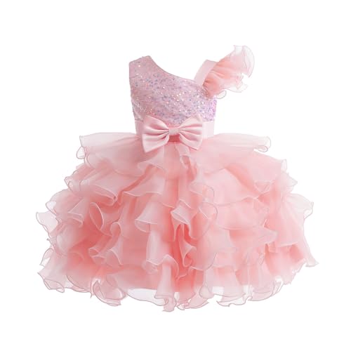 Miipat Mädchen Kleid One Shoulder Pailletten Prinzessin Ärmellos Hochzeit Kleid Tutu Rüschen Kinder Kleider Party Geburtstag Rosa 110 4-5 Jahre von Miipat