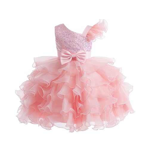 Miipat Mädchen Kleid One Shoulder Pailletten Prinzessin Ärmellos Hochzeit Kleid Tutu Rüschen Kinder Kleider Party Geburtstag Rosa 140 8-9 Jahre von Miipat