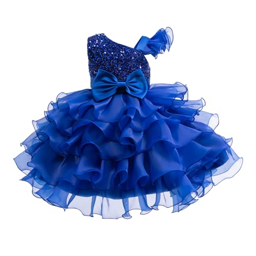 Miipat Mädchen Kleid One Shoulder Pailletten Prinzessin Ärmellos Hochzeit Kleid Tutu Rüschen Kinder Kleider Party Geburtstag Royalblau 140 8-9 Jahre von Miipat