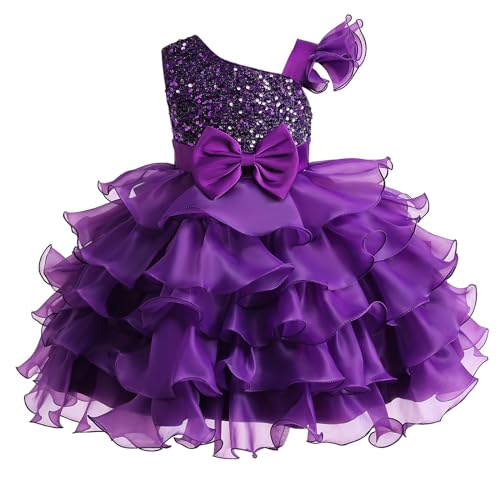 Miipat Mädchen Kleid One Shoulder Pailletten Prinzessin Ärmellos Hochzeit Kleid Tutu Rüschen Kinder Kleider Party Geburtstag Violett 110 4-5 Jahre von Miipat