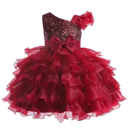 Miipat Mädchen Kleid One Shoulder Pailletten Prinzessin Ärmellos Hochzeit Kleid Tutu Rüschen Kinder Kleider Party Geburtstag Weinrot 120 5-6 Jahre von Miipat