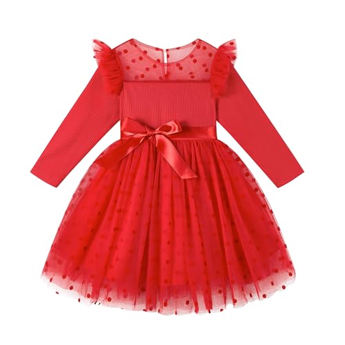 Miipat Mädchen Kleid Tüll Lange Ärmel Kleinkind Mädchen Kleider Kinder Prinzessin Gepunkteter Rock für Party Geburtstag Hochzeit Festlich (Rot 110 4-5 Jahres) von Miipat
