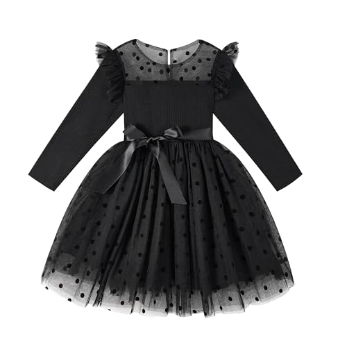 Miipat Mädchen Kleid Tüll Lange Ärmel Kleinkind Mädchen Kleider Kinder Prinzessin Gepunkteter Rock für Party Geburtstag Hochzeit Festlich (Schwarz 90 2-3 Jahres) von Miipat