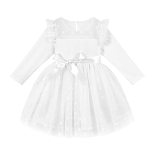 Miipat Mädchen Kleid Tüll Lange Ärmel Kleinkind Mädchen Kleider Kinder Prinzessin Gepunkteter Rock für Party Geburtstag Hochzeit Festlich (Weiß 120 5-6 Jahres) von Miipat
