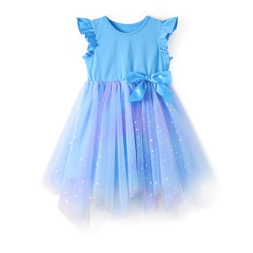 Miipat Mädchen Kleider Tüll Prinzessin Kleinkind Mädchen Tutu Kleid Sommer Fliegende Ärmel Kinder Kleid für Geburtstags Hochzeit Festzug(Blau 90 2 Jahre) von Miipat
