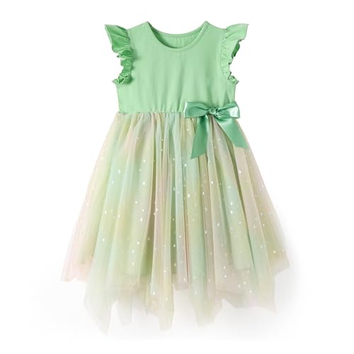 Miipat Mädchen Kleider Tüll Prinzessin Kleinkind Mädchen Tutu Kleid Sommer Fliegende Ärmel Kinder Kleid für Geburtstags Hochzeit Festzug(Grün 120 5-6 Jahre) von Miipat