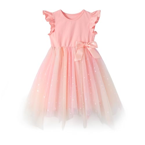 Miipat Mädchen Kleider Tüll Prinzessin Kleinkind Mädchen Tutu Kleid Sommer Fliegende Ärmel Kinder Kleid für Geburtstags Hochzeit Festzug(Rosa 110 4-5 Jahre) von Miipat
