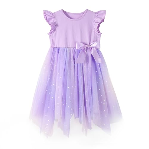 Miipat Mädchen Kleider Tüll Prinzessin Kleinkind Mädchen Tutu Kleid Sommer Fliegende Ärmel Kinder Kleid für Geburtstags Hochzeit Festzug(Violett 100 3-4 Jahre) von Miipat