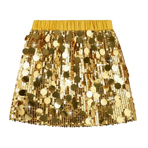 Miipat Mädchen Pailletten Rock Kinder Glitzer Mini Röcke Elastische Taille mit Lining Mode Mädchen Skorts Rock für Tanz Geburtstag Prinzessin Party Festlich Gold 110 3-4 Jahre von Miipat