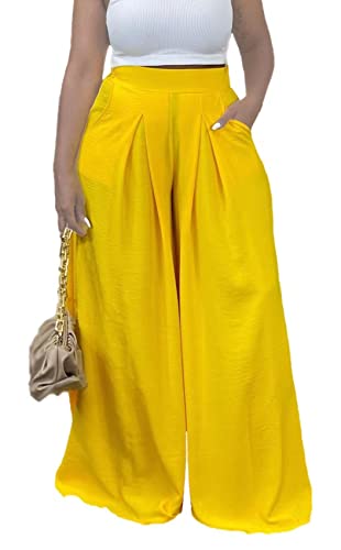 Miiyana Flowy Pants for Women Casual High Waisted Wide Leg Palazzo Pants Trousers with Pocket Plus Size, gelb, X-Groß von Miiyana
