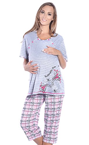 Mija - 3 in 1 Stillpyjama/Stillschlafanzug/Umstandspyjama/Pyjama 2070 (EU46 / XXXL, Grau/Rosa) von Mija Arts