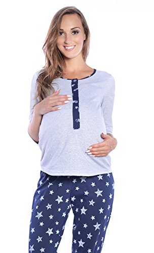 Mija - 3 in 1 Stillpyjama/Stillschlafanzug/Umstandspyjama/Pyjama 4054 (EU40 / L, Grau/Dunkelblau) von MijaCulture