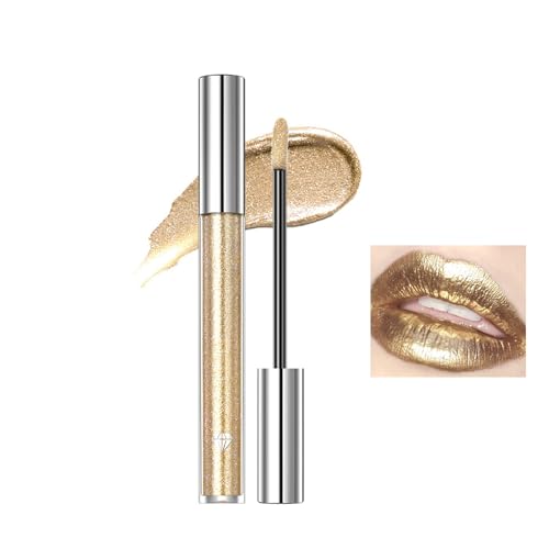 Mikabila Glitzer Lippenstift Metallic Glänzend Glossy,Lip Gloss Metallischer Diamant Lipstick Flüssiger Funkeln Schimmer Lippenstift Nonstick Schalen Make-up Lippenglanz,(Golden) von Mikabila