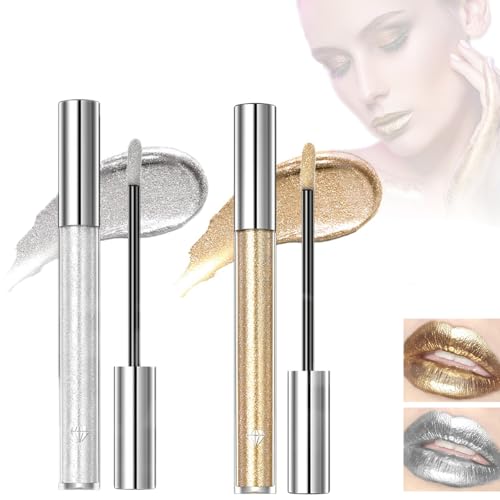Mikabila Glitzer Lippenstift Metallic Glänzend Glossy,Lip Gloss Metallischer Diamant Lipstick Flüssiger Funkeln Schimmer Lippenstift Nonstick Schalen Make-up Lippenglanz,(Silver White+Golden) von Mikabila