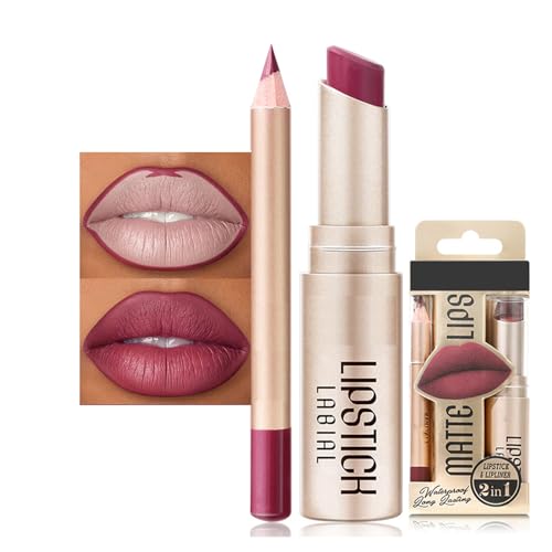 Mikabila Lipstick (02) Matte Nude Lip Liner und Lippenstift Make-up Set,2 in 1 haltbarer Lipgloss, langanhaltende, Wasserdichter Non-Stick Cup High Pigmented Samt Lipgloss Kit,Hochpigmentierter Samt von Mikabila