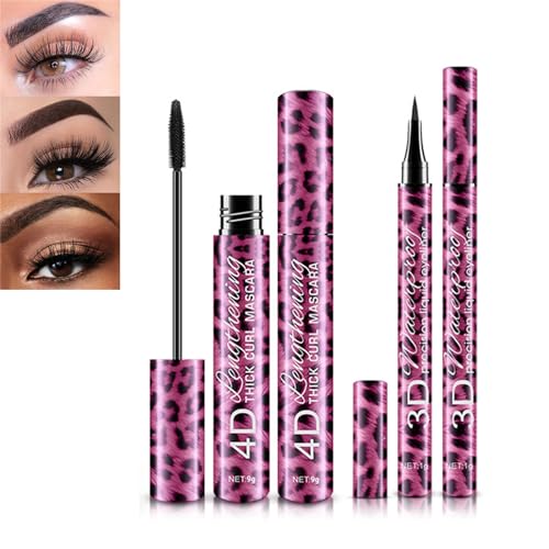 Mikabila Mascara-Eyeliner-Set,4D Mascara Silk Fiber Mascara Set,Long-Lasting Wasserfest Wischfest Schwarz Mascara+Eyeliner Set,Wasserfest Eyeliner Pen,Schwarz Liquid Eyeliner von Mikabila