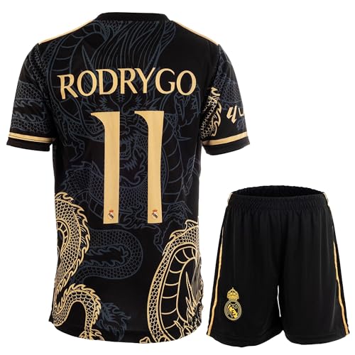 Mikalay Madrid Rodrygo #11 Retro Black Dragon Limitierte Sonderedition Seltenes Fußball Kinder Trikot Shorts Set Jugendgrößen (Schwarz,152) von Mikalay