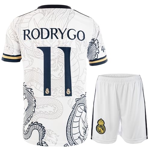 Mikalay Madrid Rodrygo #11 Retro Weißer Drache Limitierte Sonderedition Seltenes Fußball Kinder Trikot Shorts Set Jugendgrößen (Weiß,128) von Mikalay