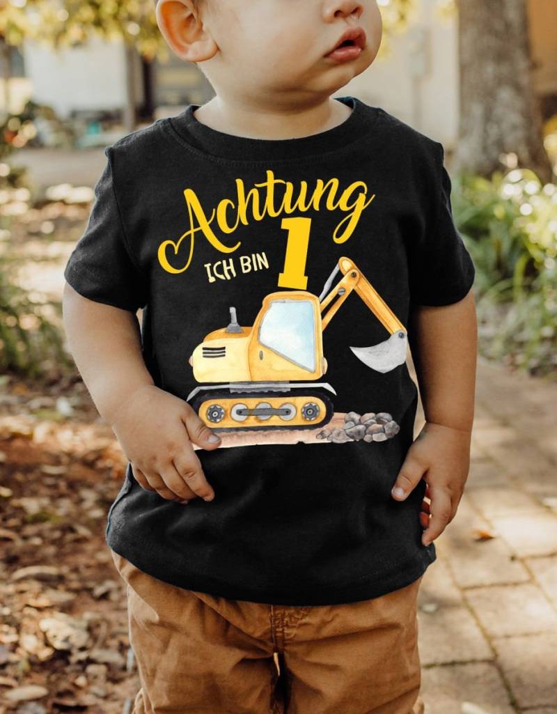 Mikalino Baby/Kinder T-Shirt Mit Spruch Achtung Ich Bin Eins 1 Bagger Schaufelbagger Kurzarm | Geschenkidee von Mikalino