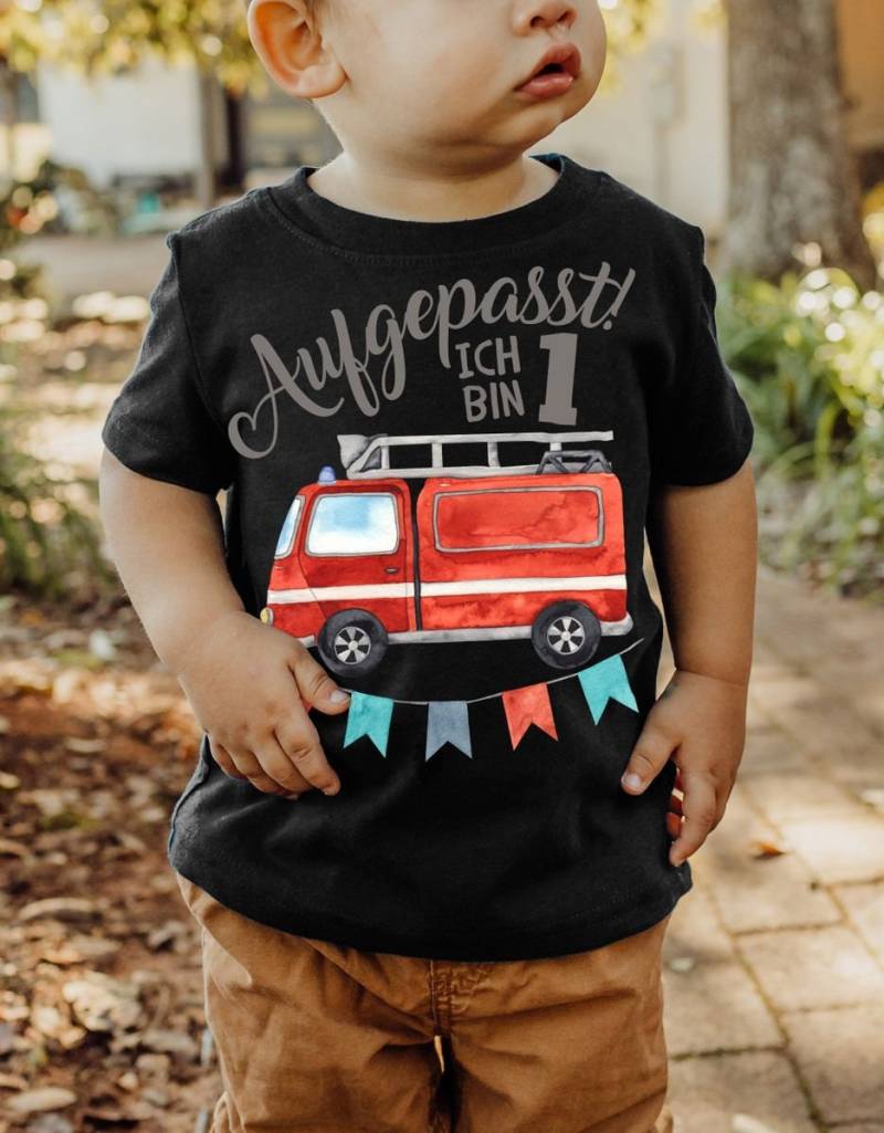 Mikalino Baby/Kinder T-Shirt Mit Spruch Aufgepasst Ich Bin Eins 1 Feuerwehrauto Kurzarm | Geschenkidee von Mikalino