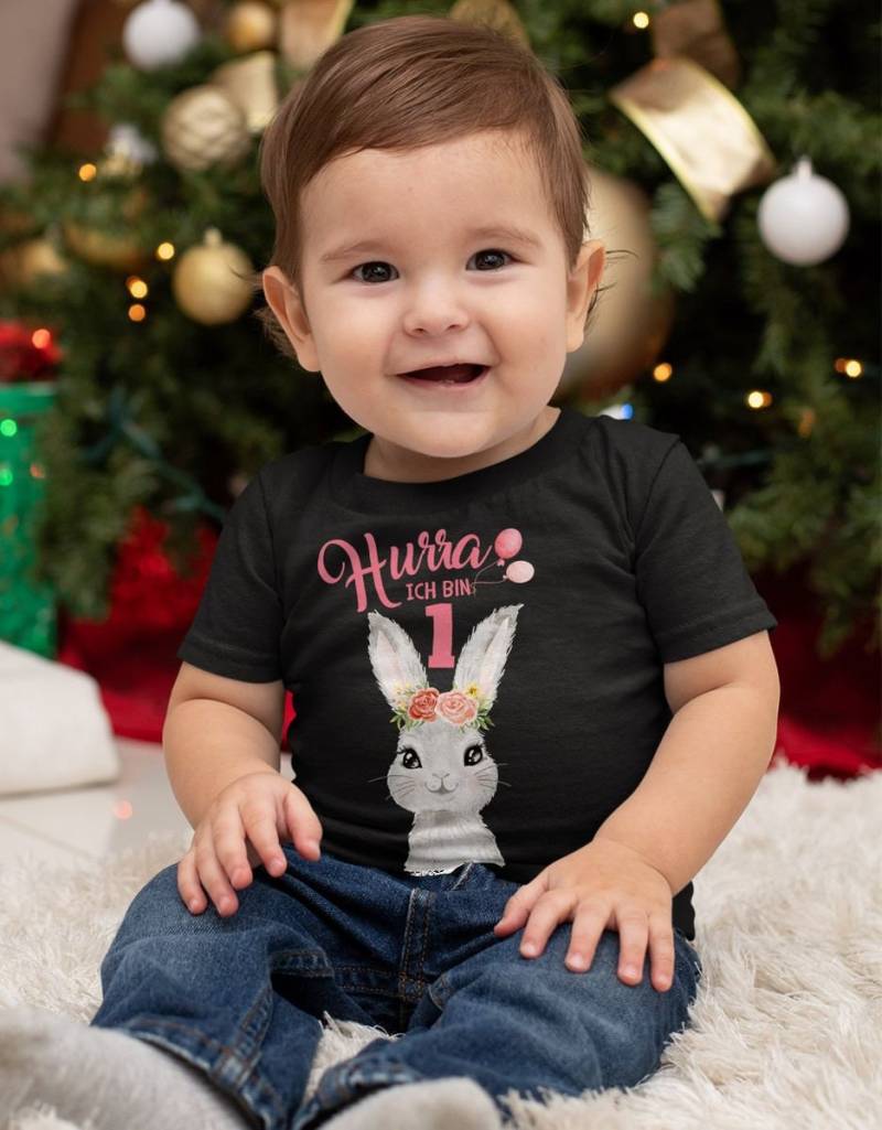 Mikalino Baby/Kinder T-Shirt Mit Spruch Hurra Ich Bin Eins 1 Süßes Motiv Zum Ersten Geburtstag Hase Kurzarm | Geschenkidee von Mikalino