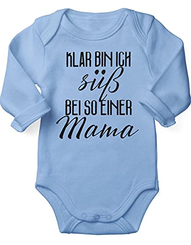 miKalino Babybody mit Spruch für Jungen Mädchen Unisex Langarm Klar bin ich süß - bei so einer Mama | handbedruckt in Deutschland | Handmade with love, Farbe:sky, Grösse:68 von miKalino