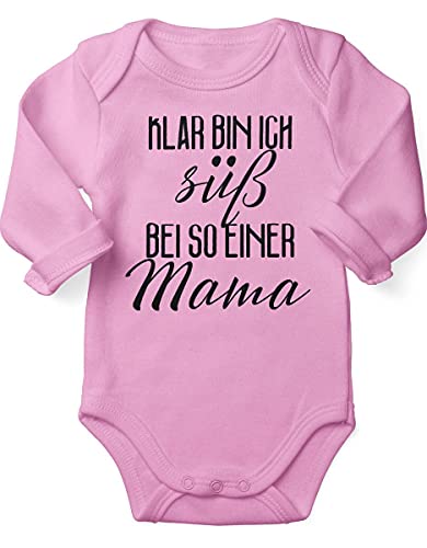 miKalino Babybody mit Spruch für Jungen Mädchen Unisex Langarm Klar bin ich süß - bei so einer Mama | handbedruckt in Deutschland | Handmade with love, Farbe:rosa, Grösse:56 von miKalino