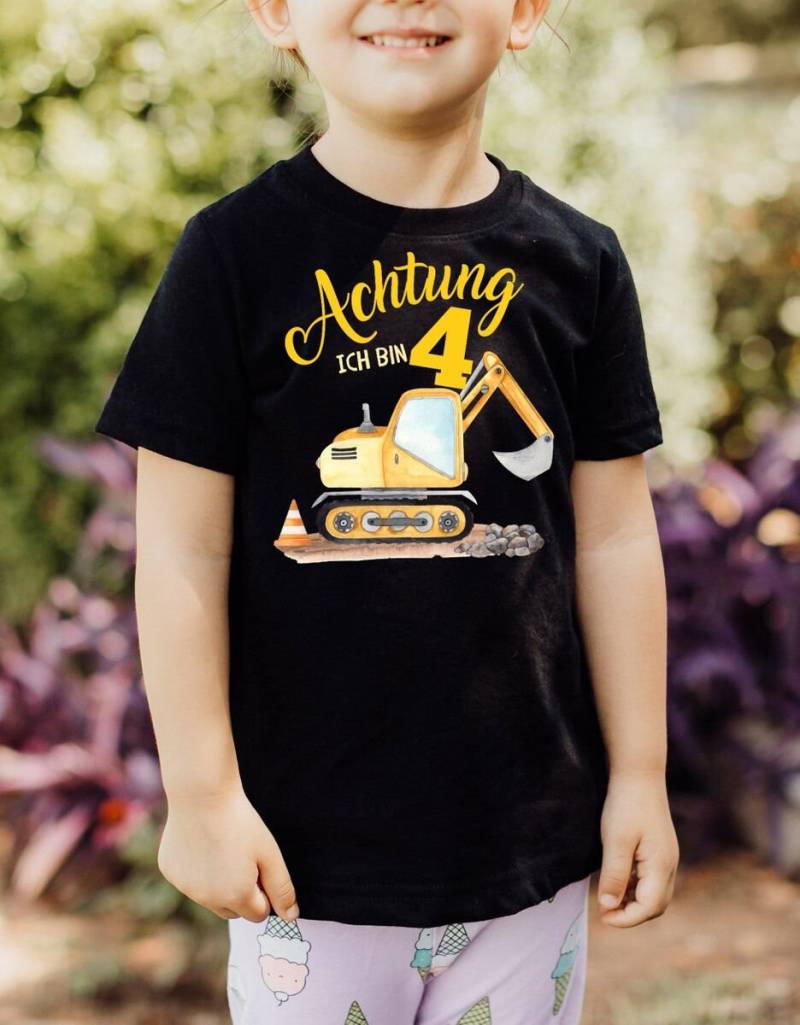 Mikalino Kinder T-Shirt Achtung Ich Bin Vier 4 Bagger Schaufelbagger Kurzarm Shirt | Geschenkidee von Mikalino