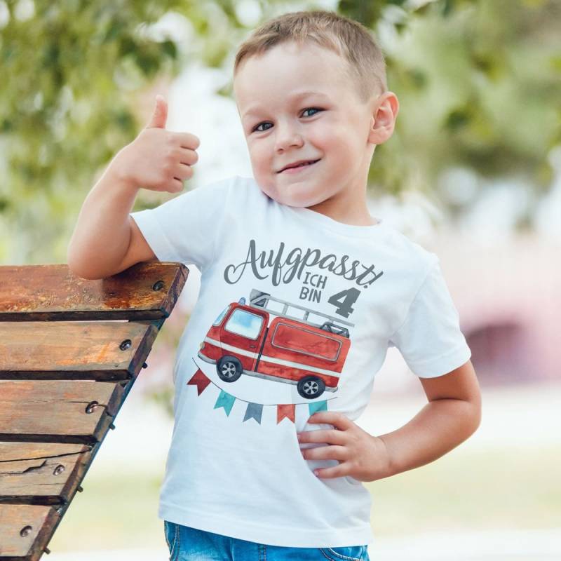 Mikalino Kinder T-Shirt Aufgepasst Ich Bin 4 - Feuerwehr Kurzarm Shirt Für Jungen Und Mädchen | Geschenkidee von Mikalino