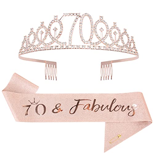Mikccer 70 Geburtstag Frau Schärpe und Tiara, 70. Roségold Kristall Geburtstagkrone Set, 70 Geburtstag Deko Birthday Crown für Mädchen Frauen Party Accessoires von Mikccer