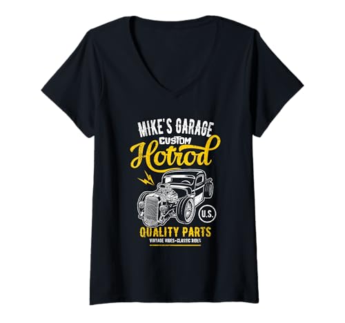 Damen Mikes's Hotrod Garage Klassisches Auto, Mikes Design T-Shirt mit V-Ausschnitt Damen Mikes's Hotrod Garage Klassisches Auto, Mikes Design T-Shirt mit V-Ausschnitt von Mikes's Garage Designs for the Name Mikes