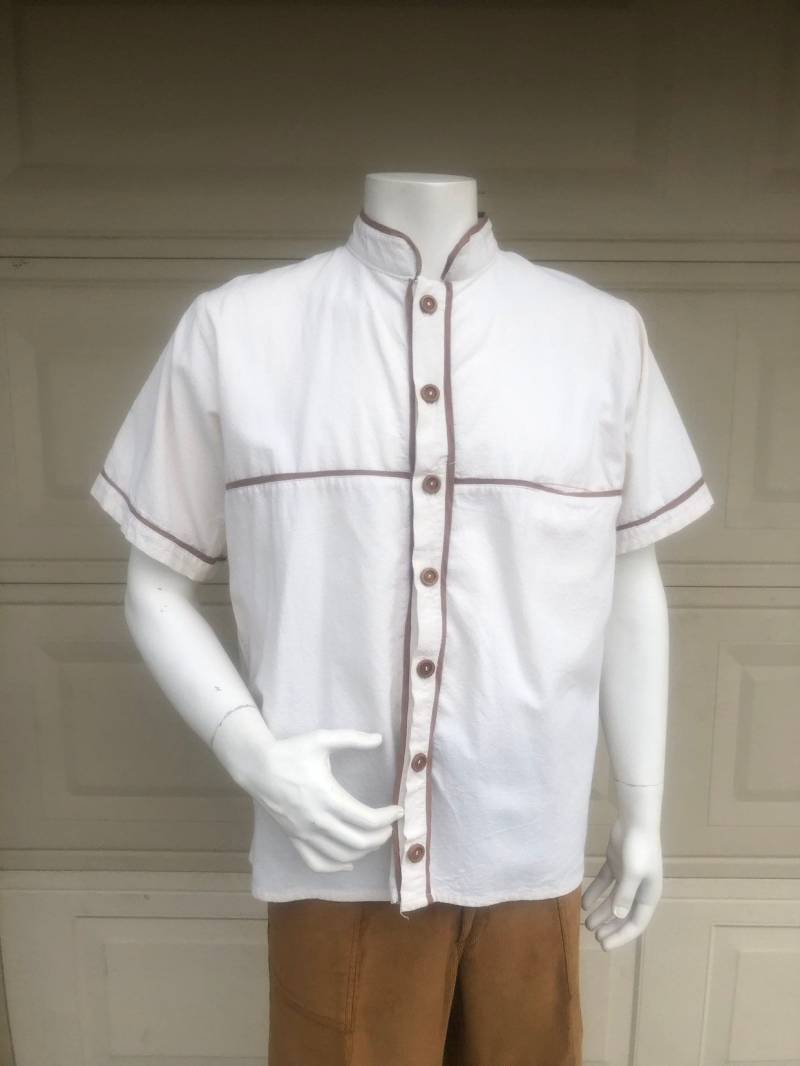 Vintage Herren Nehru Shirt Baumwolle Musselin Hippie-Hochzeit-Shirt Größe L von MikesQualityVintage