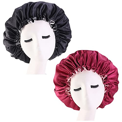 2 Stück Sanft Satin Seide Schlafmütze Haube Kordelzug Schlaf Kappe Verstellbarer Nacht Schlaf Hut Haar Turban für Damen Mädchen Schlafen ，Schwarz + Weinrot von Mikihat