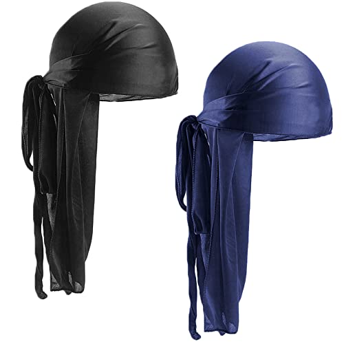 2 Stücke Durag mit Langem Schwanz, Unisex Durag Men Silk Piraten Bandanas mit Langem Schwanz und Breiten Trägern für Männer Frauen die tägliche Hip-Hop-Dekoration (Schwarz+Marineblau) von Mikihat