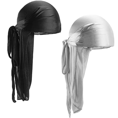 2 Stücke Durag mit Langem Schwanz, Unisex Durag Men Silk Piraten Bandanas mit Langem Schwanz und Breiten Trägern für Männer Frauen die tägliche Hip-Hop-Dekoration (Schwarz+Silbergrau) von Mikihat