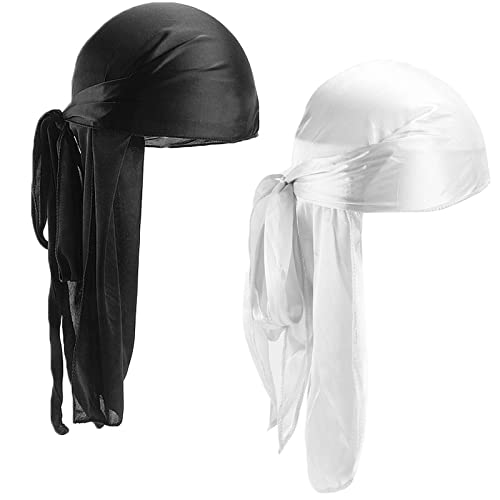 2 Stücke Durag mit Langem Schwanz, Unisex Durag Men Silk Piraten Bandanas mit Langem Schwanz und Breiten Trägern für Männer Frauen die tägliche Hip-Hop-Dekoration (Schwarz+Weiß) von Mikihat