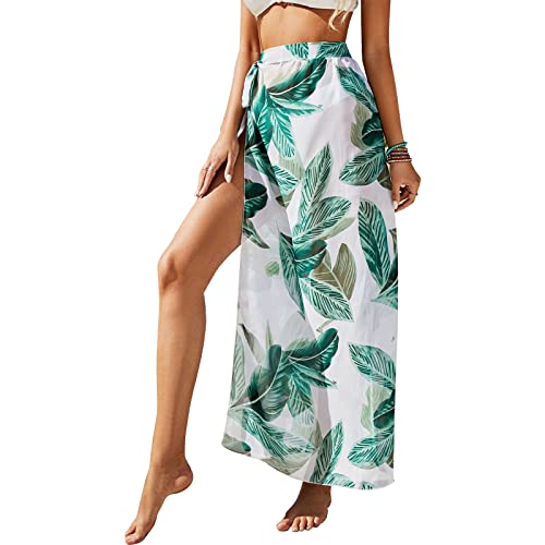 Damen Sarong Pareo für Strandurlaub, Lange Strandkleid Sommer Bikini Cover Up Chiffon Badeanzug Wickelrock Strand Rock Frauen Mädchen Side Strappy Sarong Strandrock Strand Wear Cover (Blätter) von Mikihat