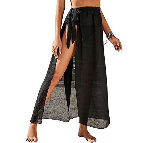 Damen Sarong Pareo für Strandurlaub, Lange Strandkleid Sommer Bikini Cover Up Chiffon Badeanzug Wickelrock Strand Rock Frauen Mädchen Side Strappy Sarong Strandrock Strand Wear Cover (Schwarz) von Mikihat