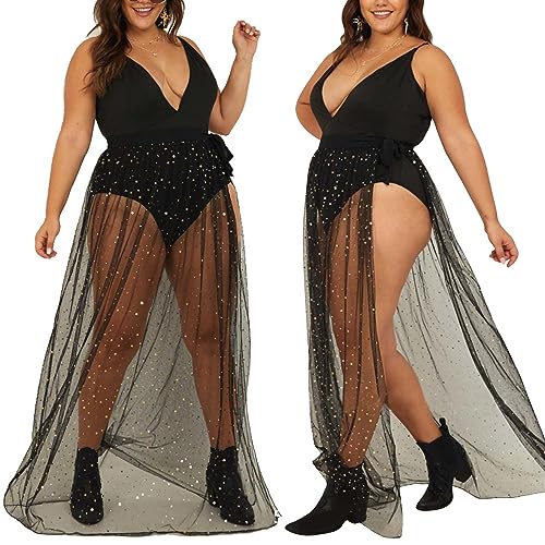 Glitzer Rock Damen Lang Durchsichtig, Mesh Rock Festival, Schwarzer Langer Tüllrock M, Netzrock Strand, Bikini Cover Up, Maxirock mit Schlitz für Sommer Party Halloween Weihnachten von Mikihat