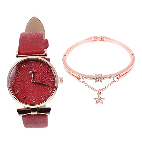 Mikikit 1satz Damen Quarz Uhr Mit Armband Schmuck Set Für Verstellbare Armbanduhr Und Stylisches Handgelenk-Armband Rot Für Gelegenheit von Mikikit