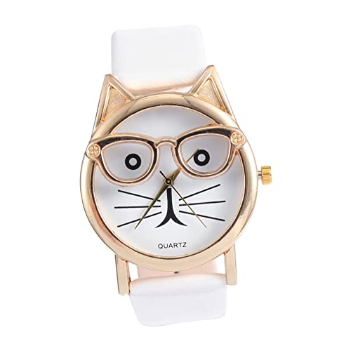 Mikikit 1stk Katzenuhr Süße Uhren Für Kinder Comic-Uhren Studenten Schauen Zu Lederarmbanduhr Sportarmbanduhr Mädchen Armbanduhr Modische Uhr Damen Pu Katzengürtel Weiß Eine Brille Tragen von Mikikit