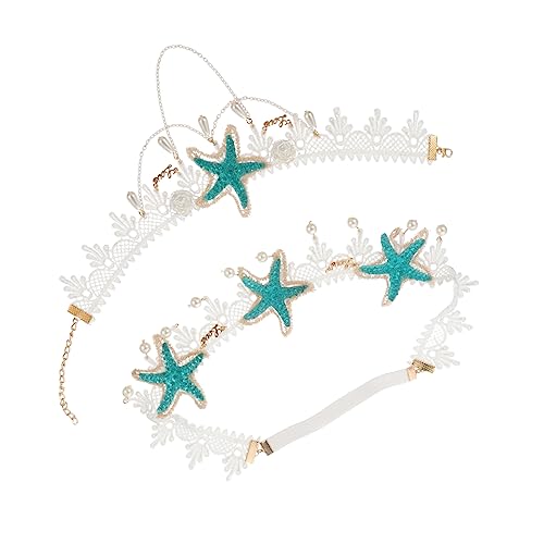 Mikikit 2 Stück Perlenkette und Haarschmuck mit Seestern Design Teiliges Damen Schmuck Eleganter Haarreif und Kurze Clavicle Halskette für Hochzeiten Partys Boho Stil Komfortabel und von Mikikit