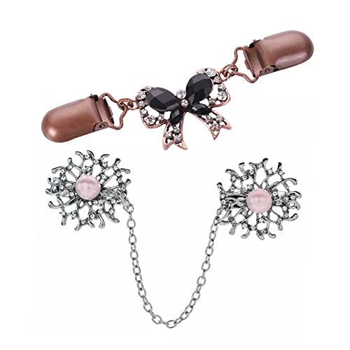 Mikikit 2 Stück Retro Brooch Clip Damen Broschen Pin aus Metall Stilvoller Pullover Clip mit Schwarzer Schleife und Perlenkette Vielseitig für Cardigan Schal Party und Zufällige Farbe von Mikikit
