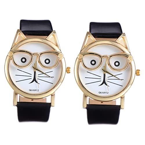 Mikikit 2 STK Katzenuhr Modische Uhr Freizeituhren Für Damen Armbanduhr Pu-Riemen Damenuhren Lederband Katze Analoge Uhr Geschenke Für Jungen Dropshipping Fräulein Katzengürtel Edelstahl von Mikikit