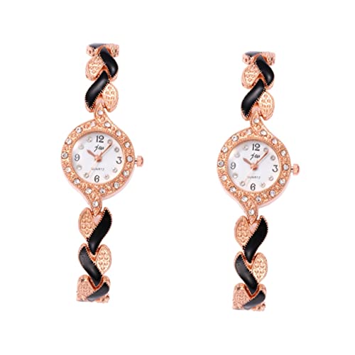 Mikikit 2 Stück Stilvolle Damen Quarzuhr Strass Modische Uhr Und Armband Set Für Frauen Gold Schwarz von Mikikit