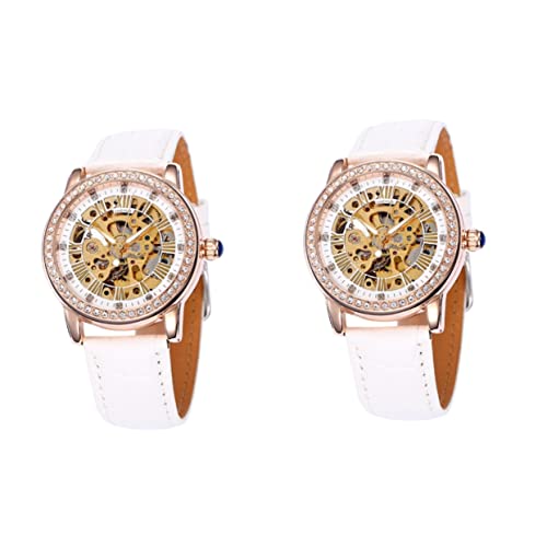 Mikikit 2stücke Damenmechanische Uhr Mit Pu-Armband Und Rhinestone- Automatisches Armbanduhr Für Täglichen Gebrauch Farbe Weiß von Mikikit