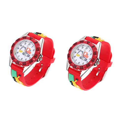 Mikikit Kinderuhr Junge 2 Stücke Armbanduhr Armbanduhr Zur Sicheren Uhr Kleinkinder Kinder Bagger Erzählen Unisex Zeit Für d - Verstellbar Mädchen Mädchen/Jungen Elektrisch Männer Roter von Mikikit