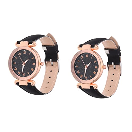 Mikikit 2 Stücke Dame Band Leder Uhr Handgelenk Geburtstag Weiblich Mädchen Freizeit Student Verstellbarer Riemen Erwachsene Uhren Mode Schwarz Geschenk Für Männer Dekorativ Pu von Mikikit