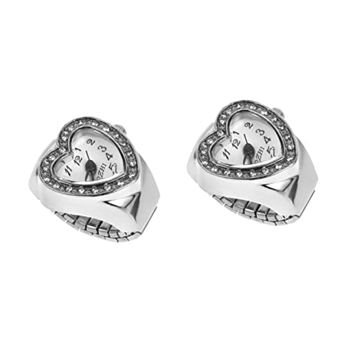 Mikikit 2 Stücke Für Geburtstag Uhr Diamantform Praktische Uhren Universal Christams Paare Valentinstag Mode Zifferblatt Mit Elastischem Tag Herz Männer Silber Kreativer Finger von Mikikit